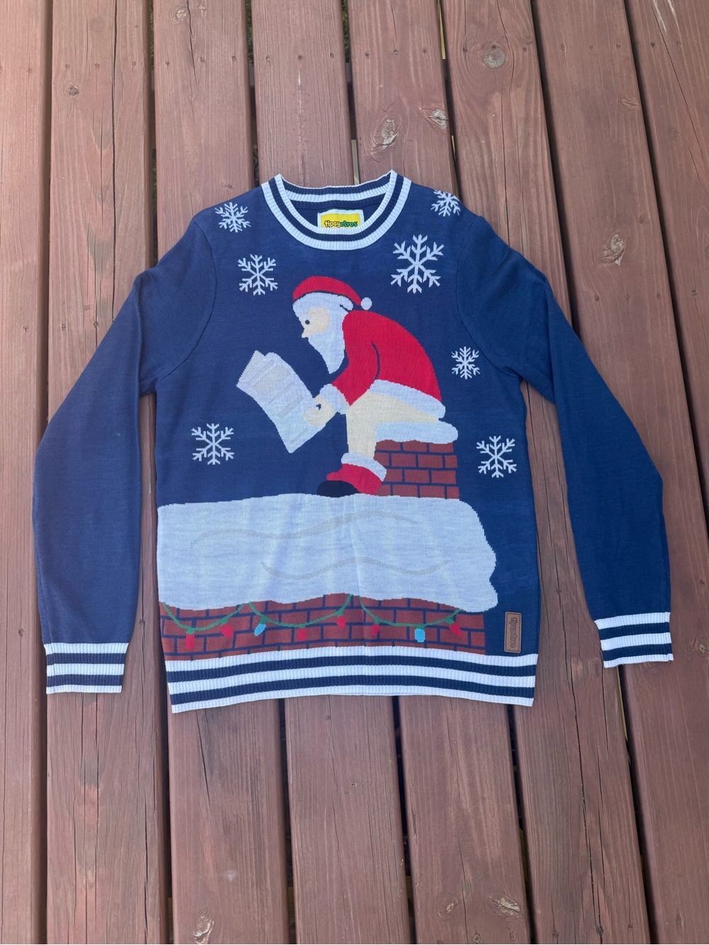 Tipsy Elves Navy Holiday Santa Crewneck Sweater with Red & White Accents